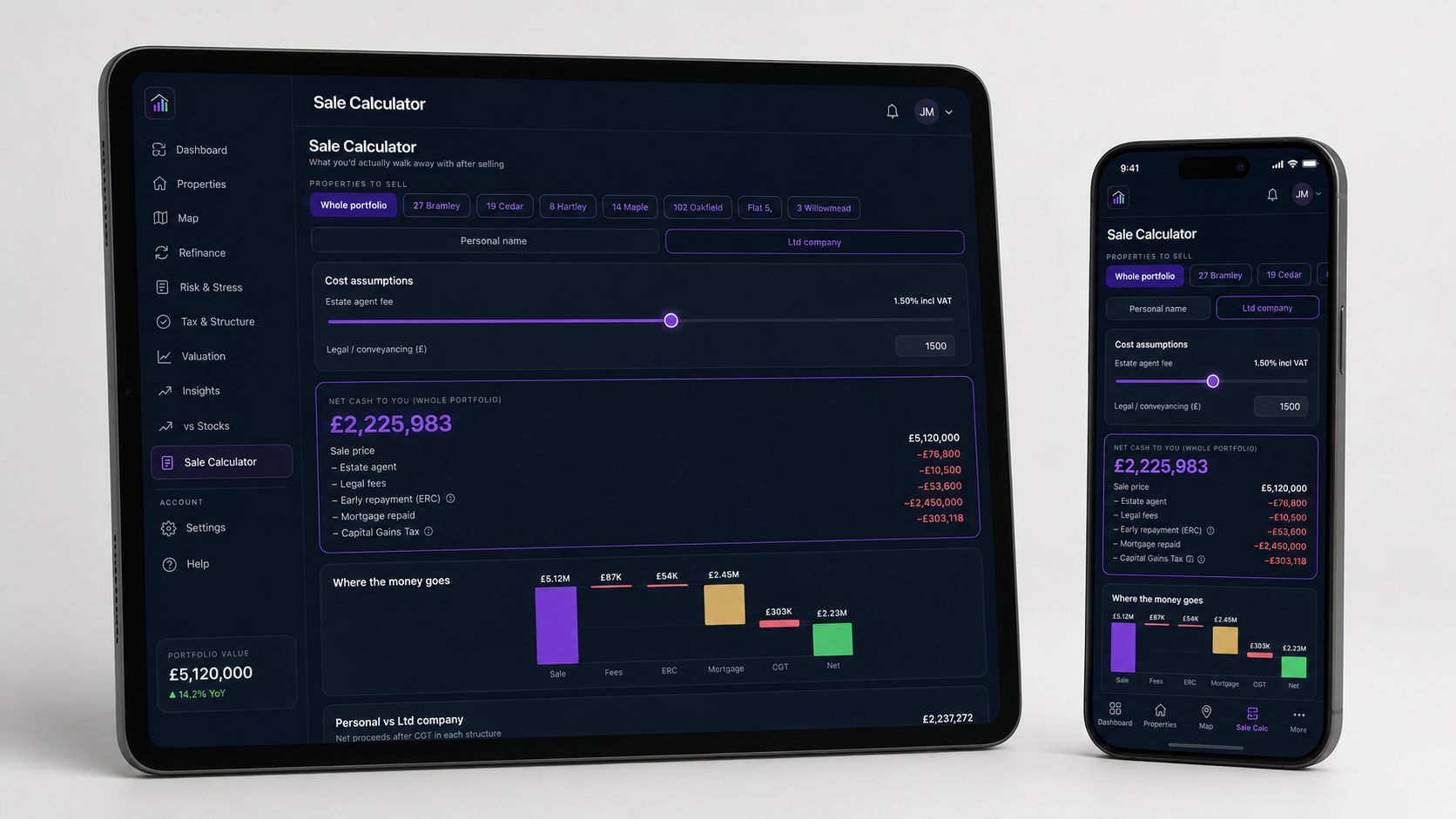 Portfio Sale Calculator — dark mode on iPad and iPhone