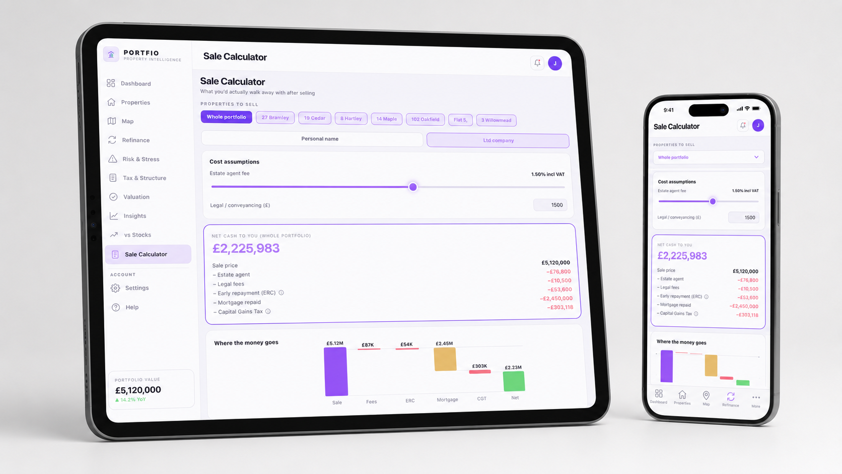 Portfio Sale Calculator — light mode on iPad and iPhone