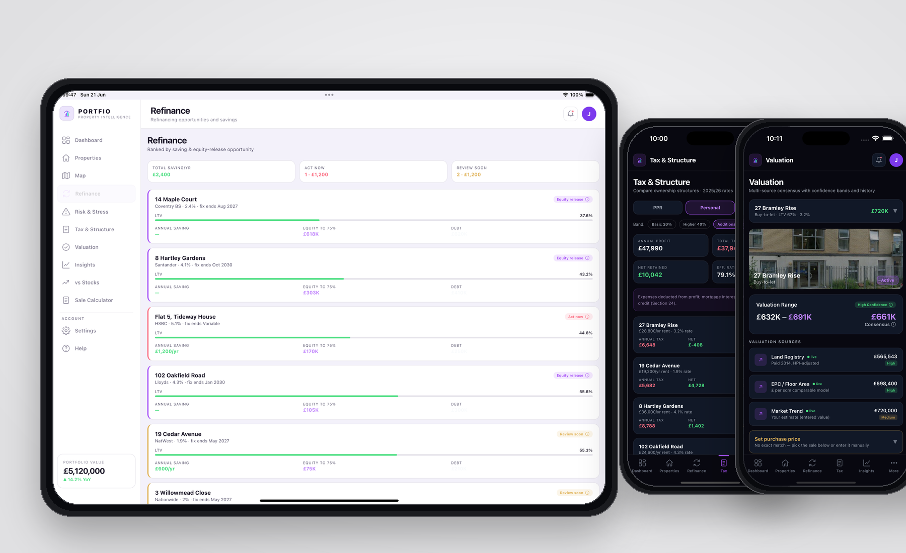 Portfio Tax & Structure and Valuation screens